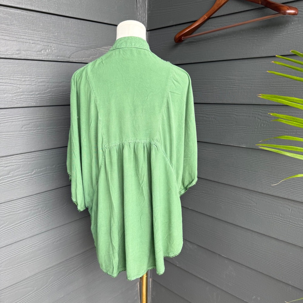 Kelly Green Embroidered Floral Boho Peasant Tunic Top Sz Large Oversized Poncho - Picture 8 of 9